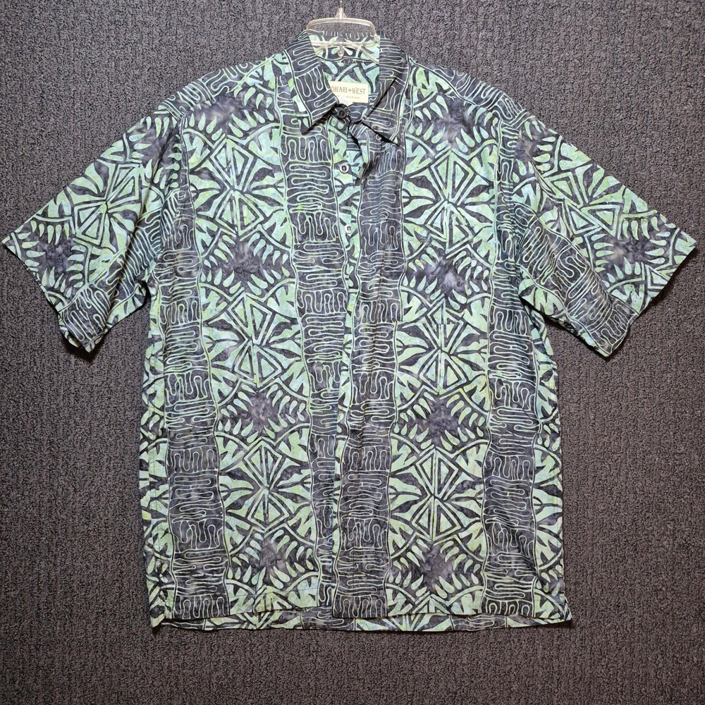 Johari West Mens XLT Batik Shirt Green Black African Tribal Print Button Up